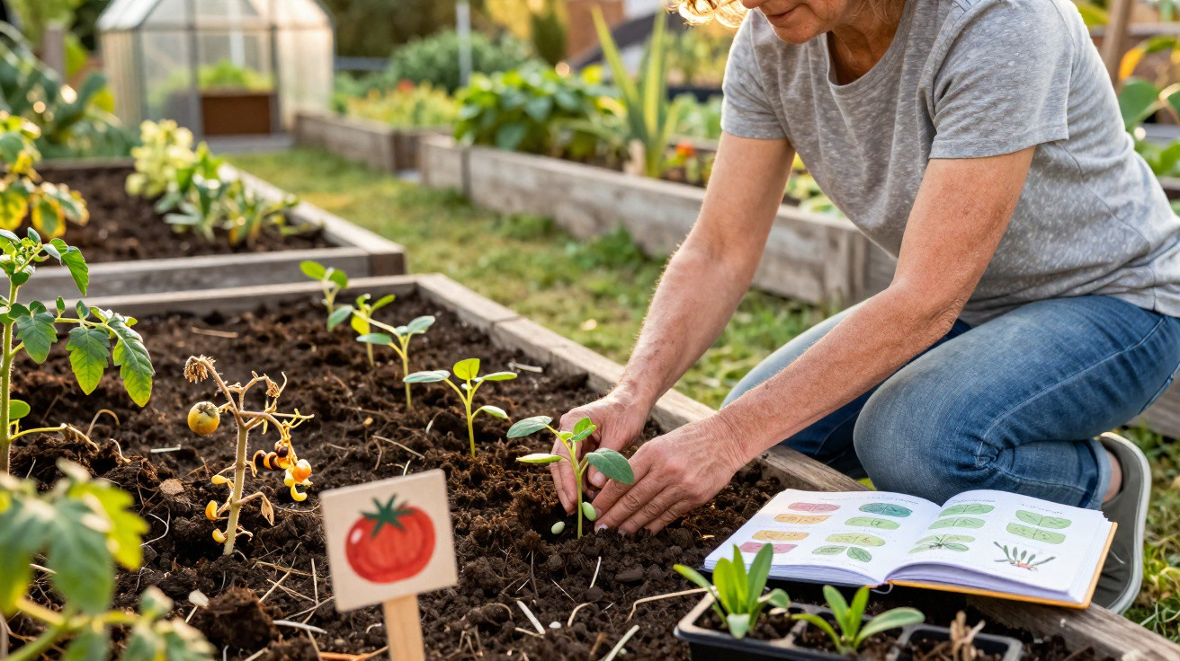 Person planting seedlings in a garden bed with a tomato plant marker and an open gardening book nearby.