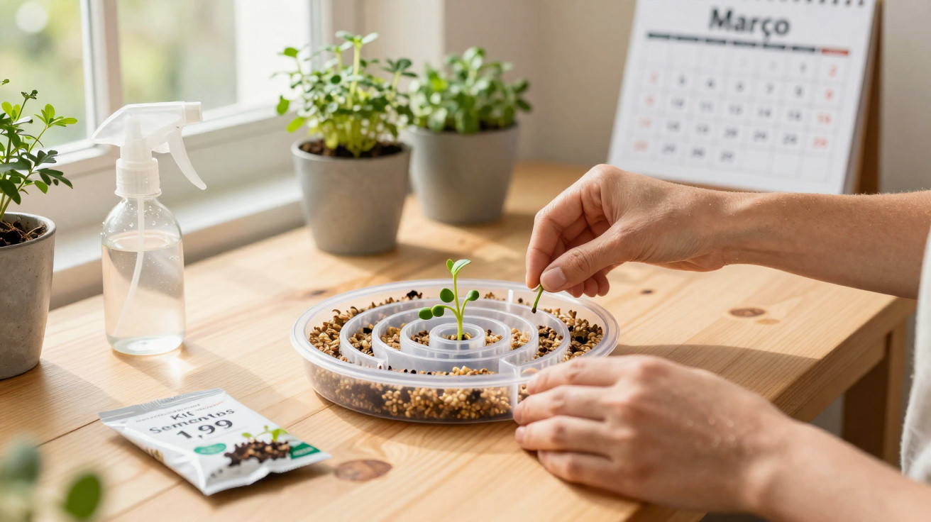 Hands planting seeds in a round sprouting tray on a wooden table near potted plants and a calendar.