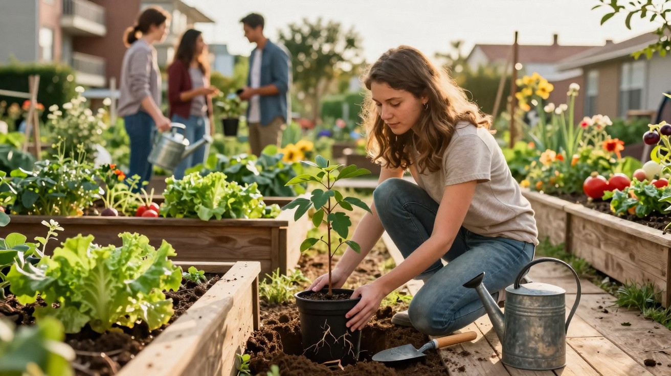 Young woman planting a small tree in a community garden with others socialising in the background.