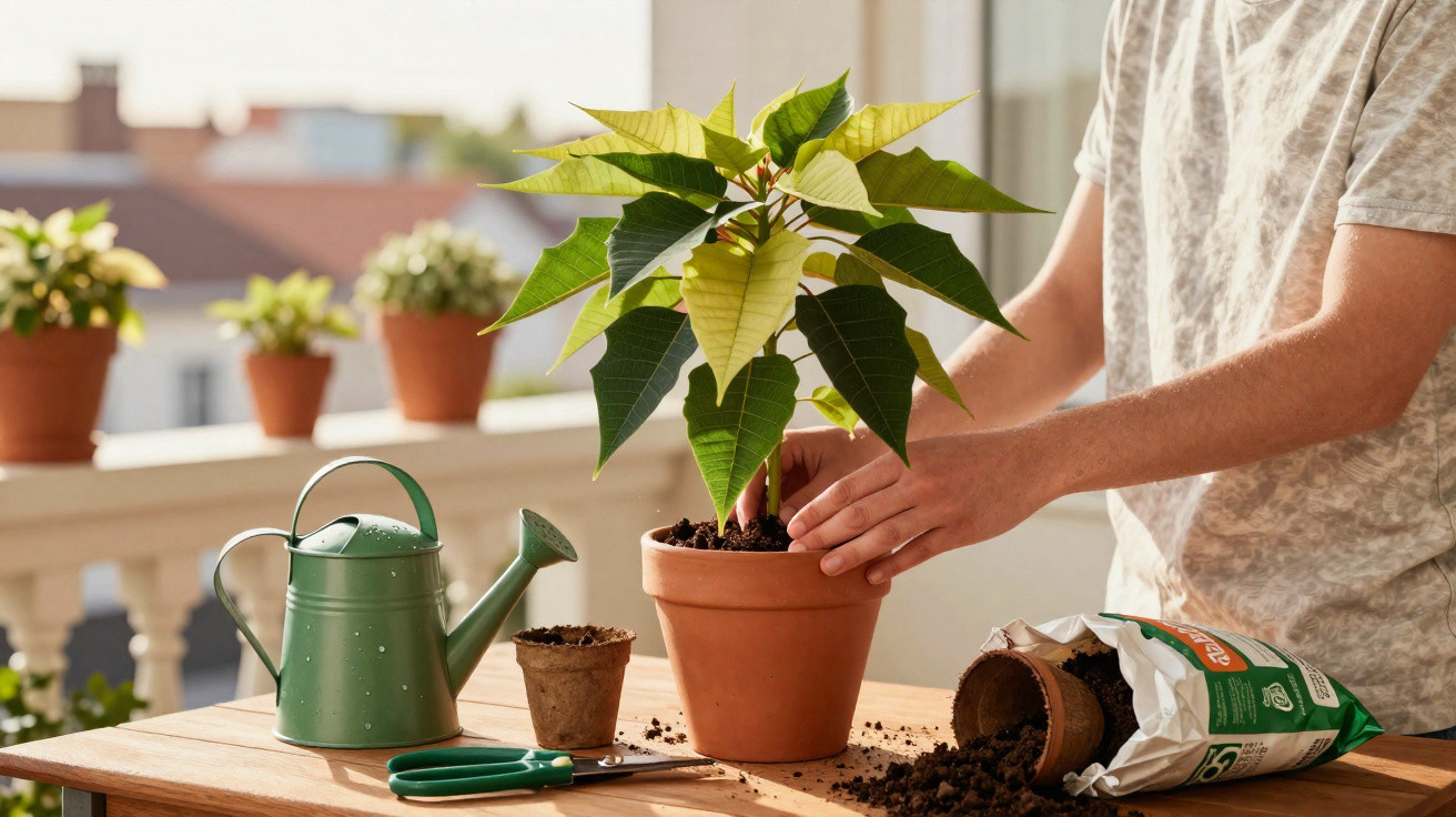 Person potting a green and yellow poinsettia plant on a wooden table with gardening tools and soil bag nearby.