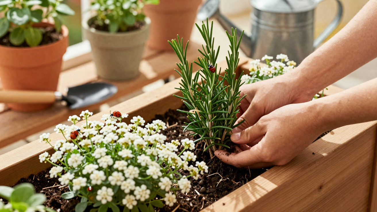 Hands planting a rosemary herb in a wooden planter with white flowering plants and ladybirds nearby.