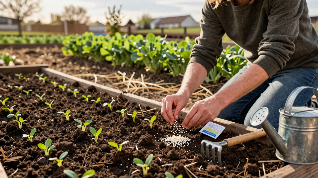 Person planting seeds in a raised garden bed with young seedlings, watering can, and gardening tools nearby.