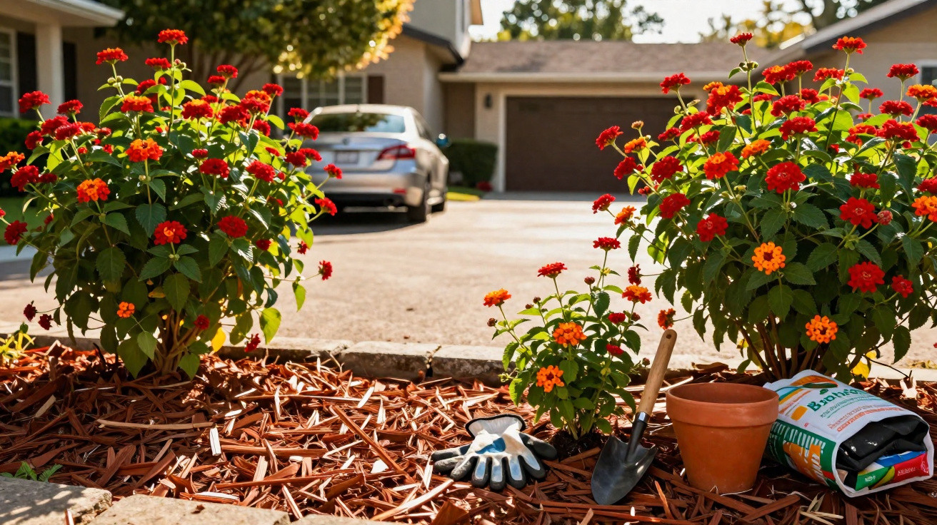 Bright orange and red flowering plants in garden bed with gardening gloves, trowel, pot, and soil bag nearby.