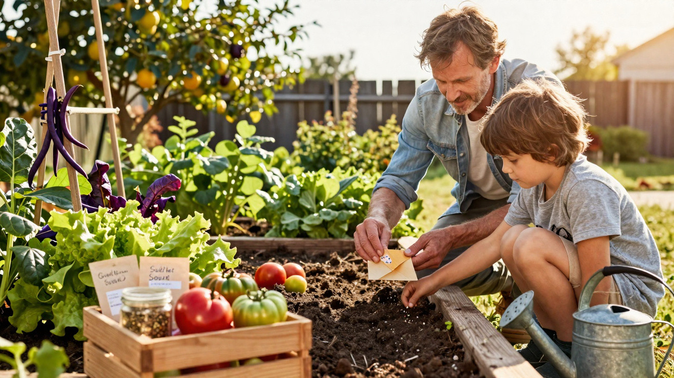 An older man and young boy planting seeds in a garden bed surrounded by vegetables and gardening tools.