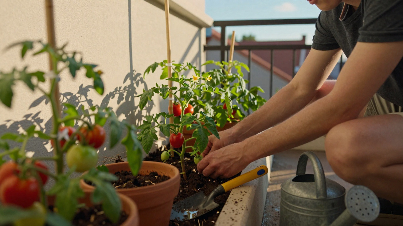 Person tending to potted tomato plants on a sunlit balcony with a watering can and gardening tool nearby.