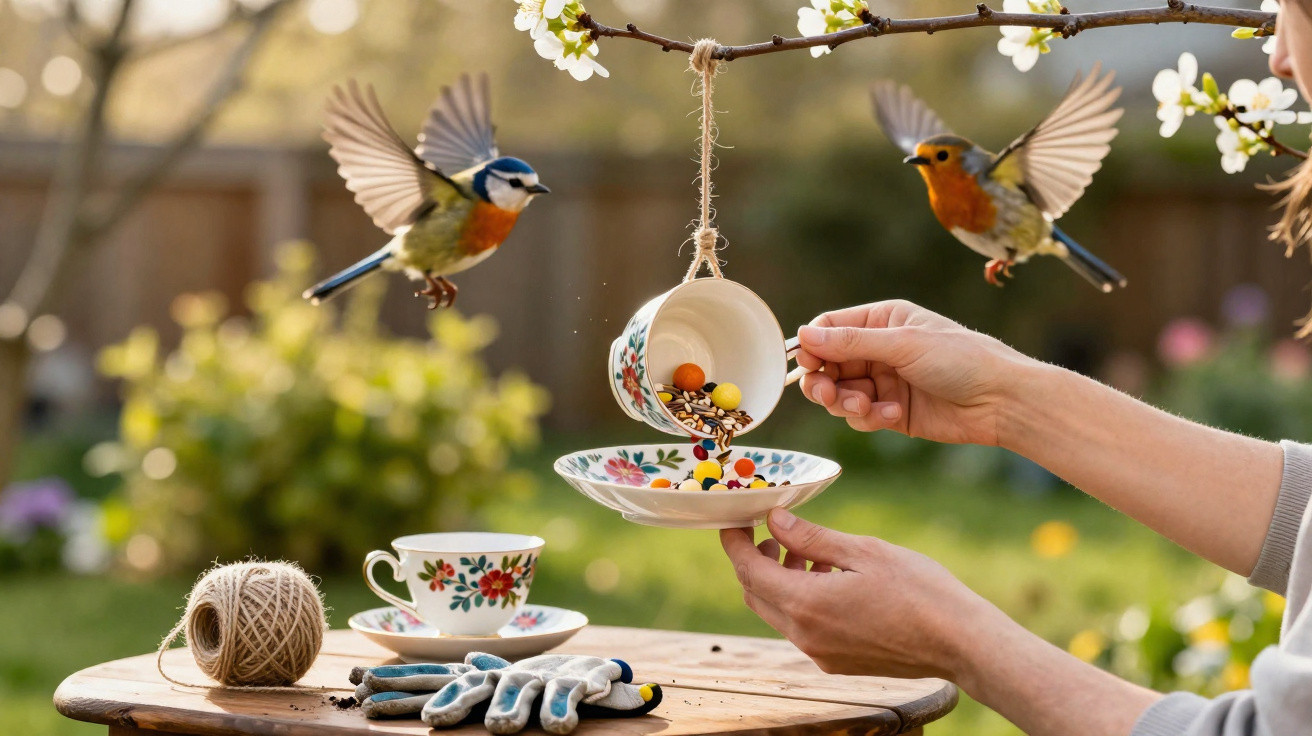 Two birds fly near a hanging teacup feeder pouring seeds onto a saucer held by a person outdoors.