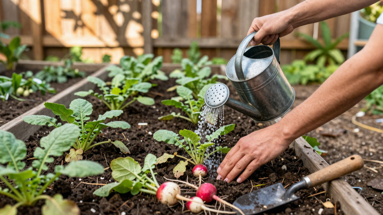 Person watering young radish plants in a raised garden bed with a metal watering can and hand trowel nearby.