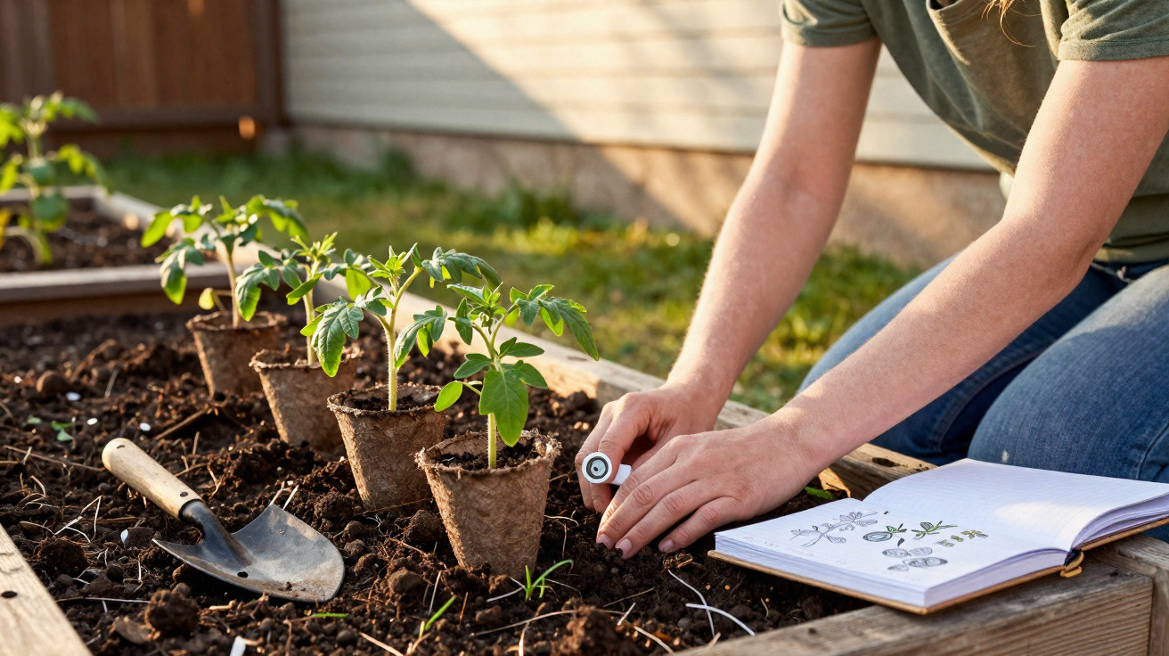 Person planting tomato seedlings in soil with gardening tools and a plant journal in raised garden bed.
