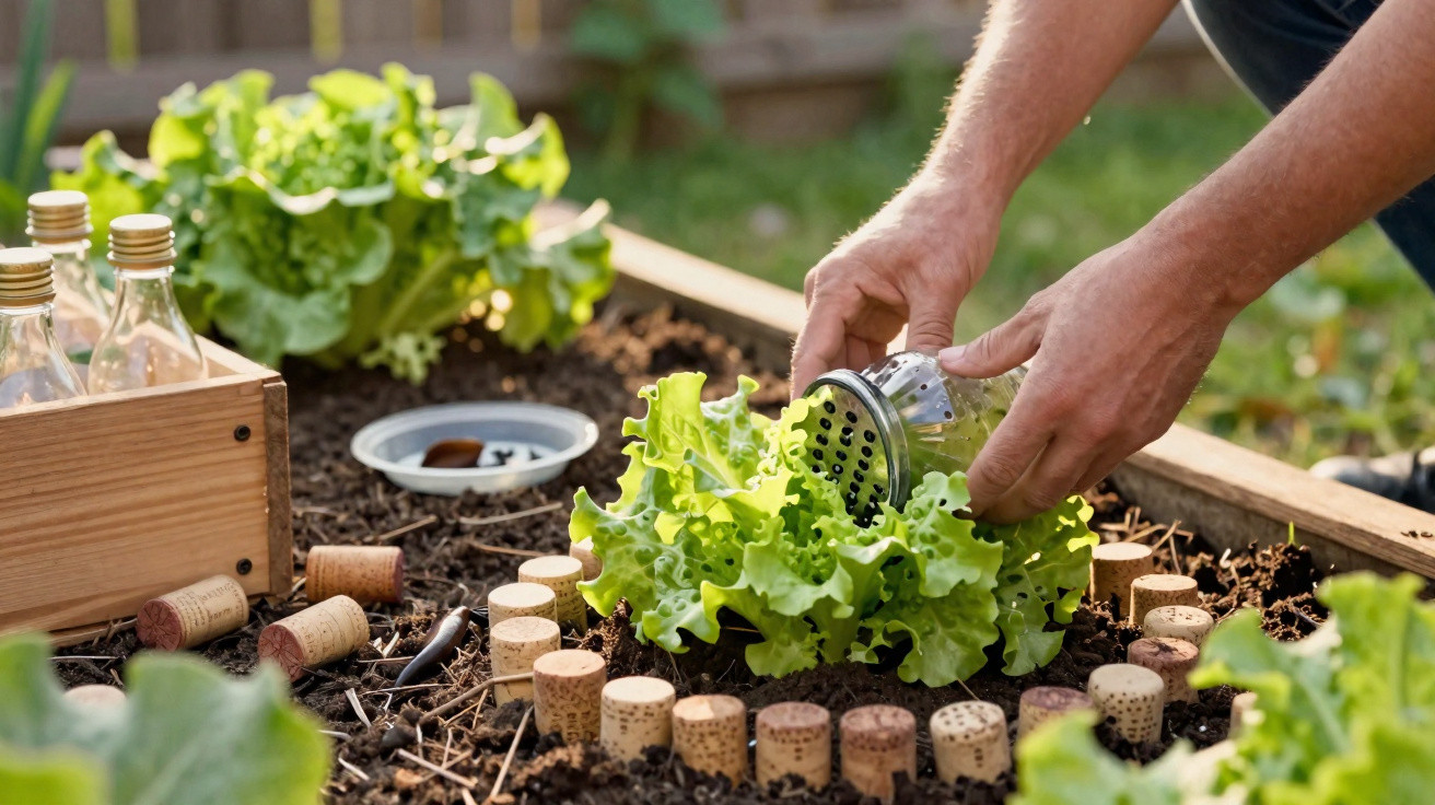 Hands using a herb infuser to water green lettuce plants in a garden bed surrounded by wine corks.