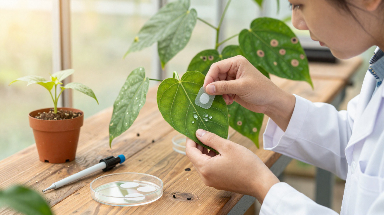 Scientist applying a small adhesive sensor to a large green leaf on a wooden table with lab tools nearby.