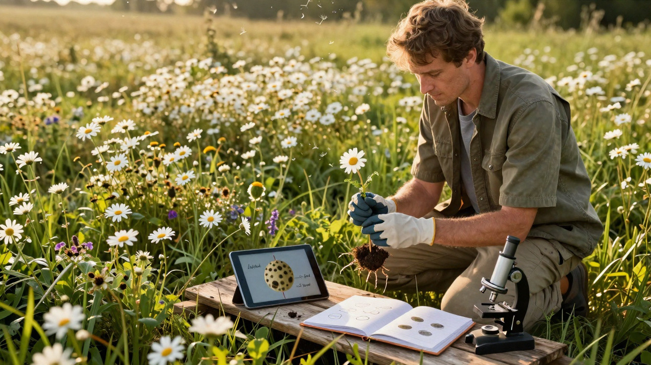 A man in gloves examines a daisy in a wildflower meadow with a tablet, notebook, and microscope nearby.