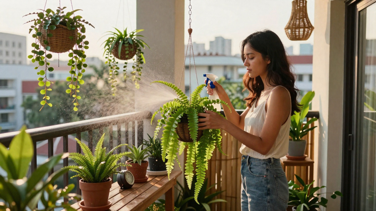 Young woman watering hanging fern plant on a sunny balcony with various potted plants around.