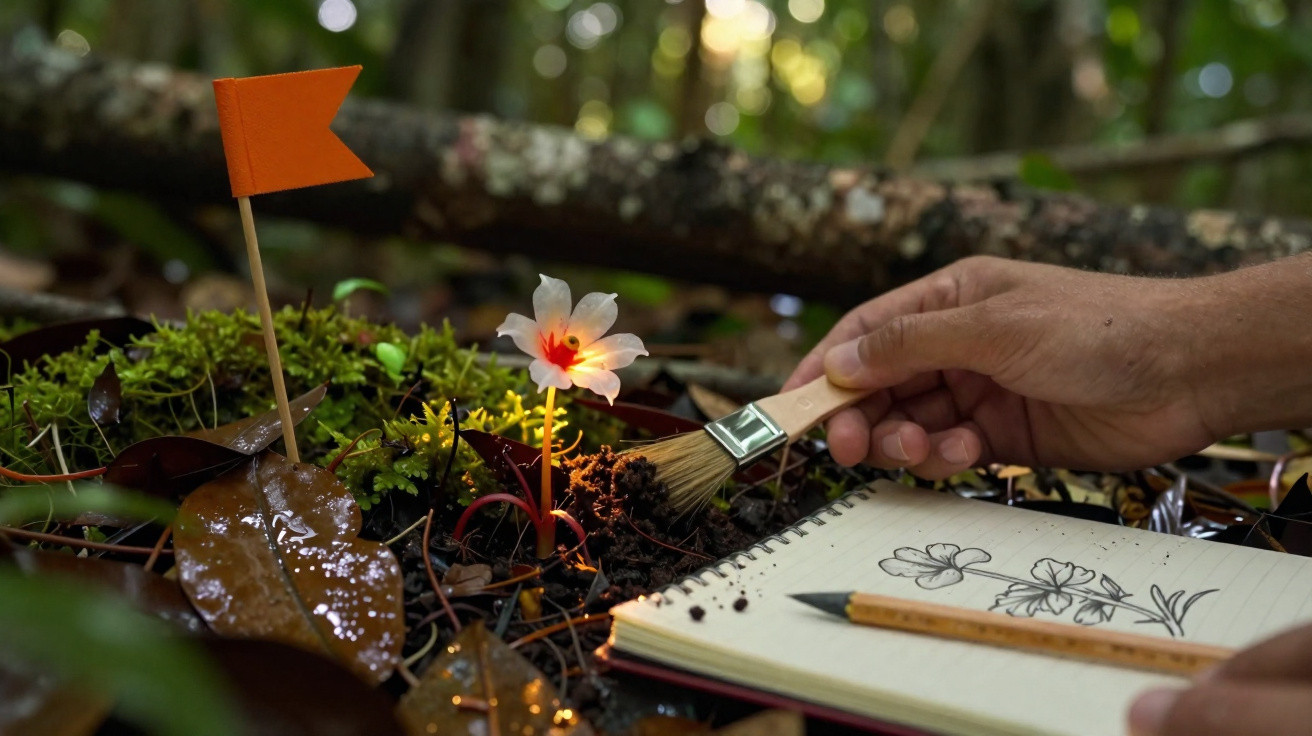 Hand brushing soil near a small glowing flower, with a sketchbook and pencil beside it in a forest setting.