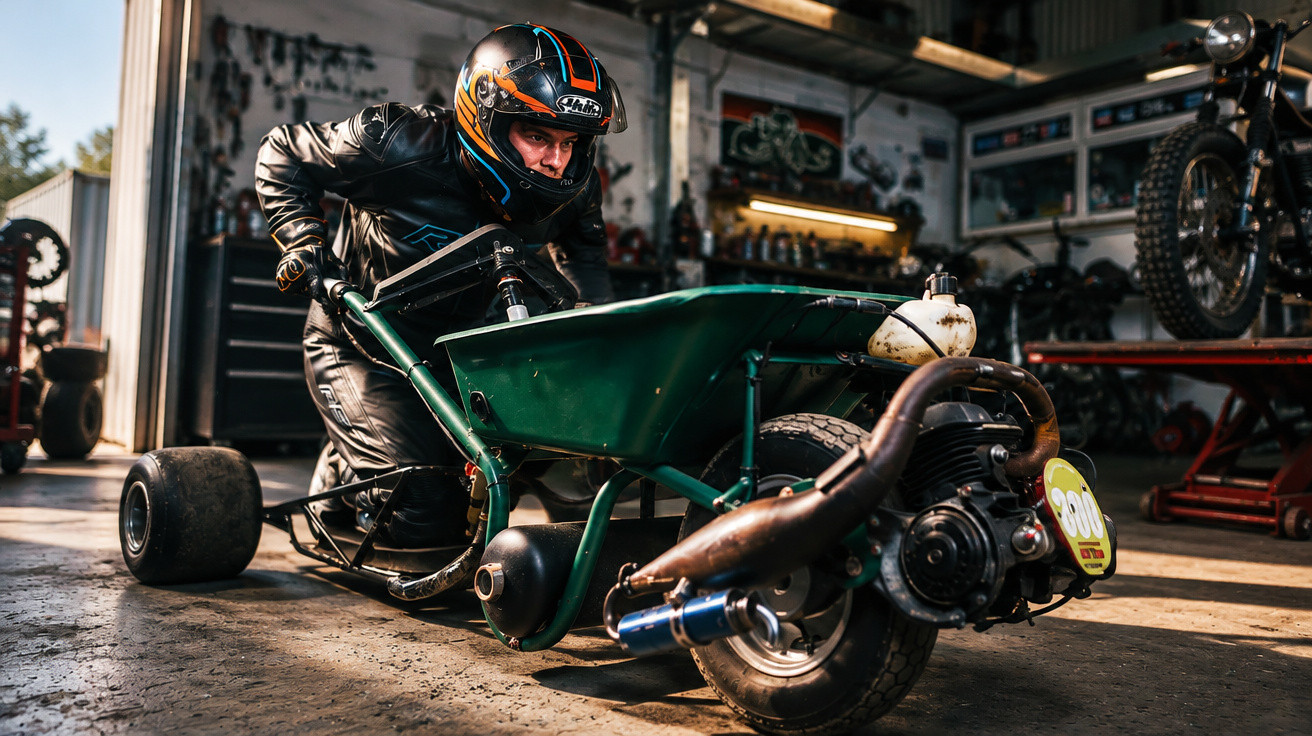 Person in full racing gear and helmet driving a customised motorised green wheelbarrow indoors.
