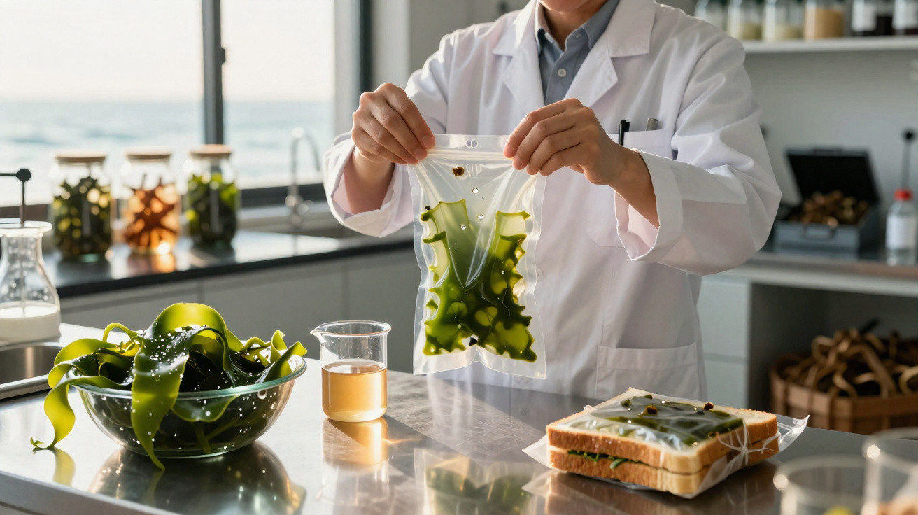 Scientist in lab coat packaging green seaweed in plastic bag with bowl of seaweed and beaker on table