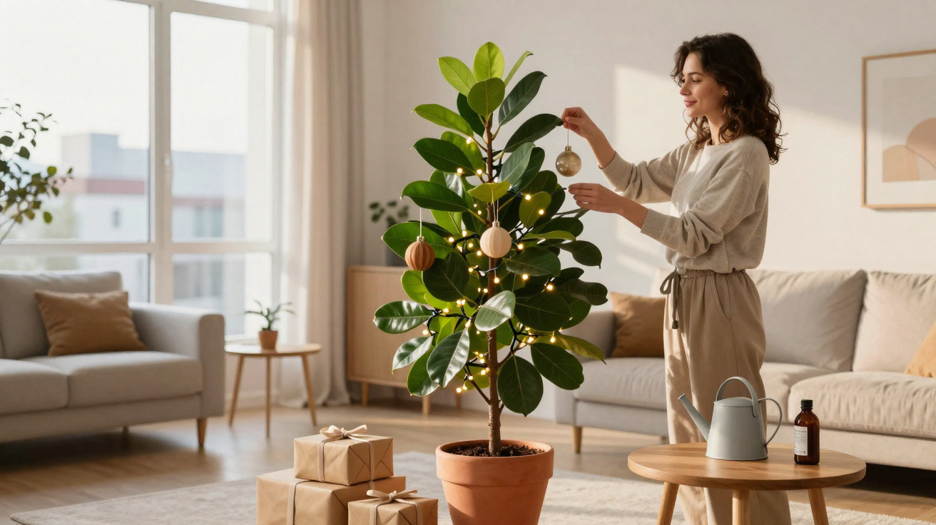 Woman decorating a potted plant with baubles and fairy lights in a bright living room with wrapped gifts nearby.