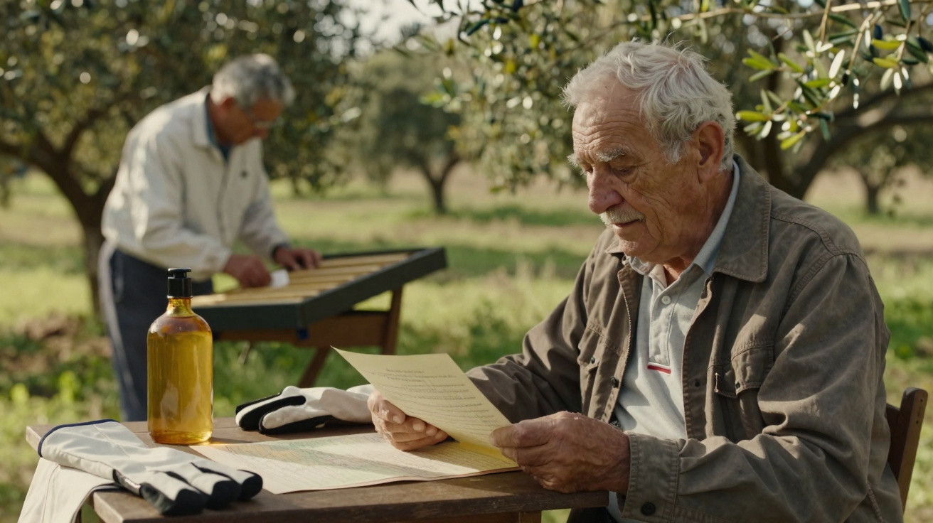 Elderly man reading a letter at a wooden table outside with gloves and a bottle, another man playing a dulcimer in the backgr