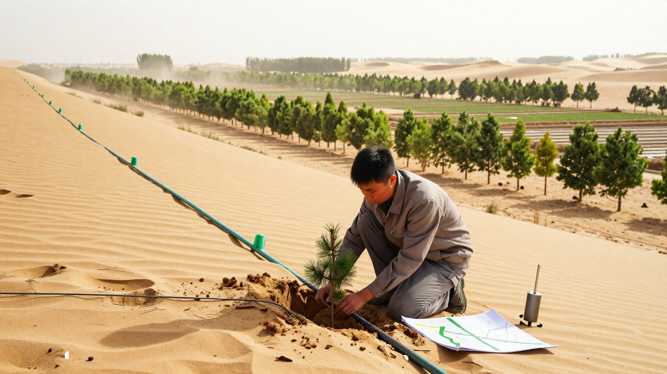A person planting a small tree on sand dunes with rows of young trees and irrigation pipes in the background.