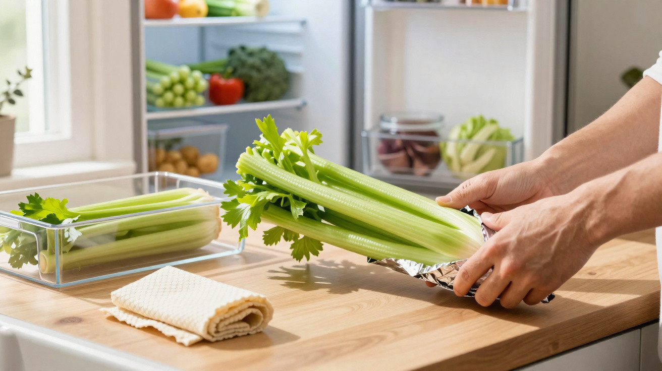 Person wrapping fresh celery stalks in aluminium foil on kitchen countertop near open fridge.