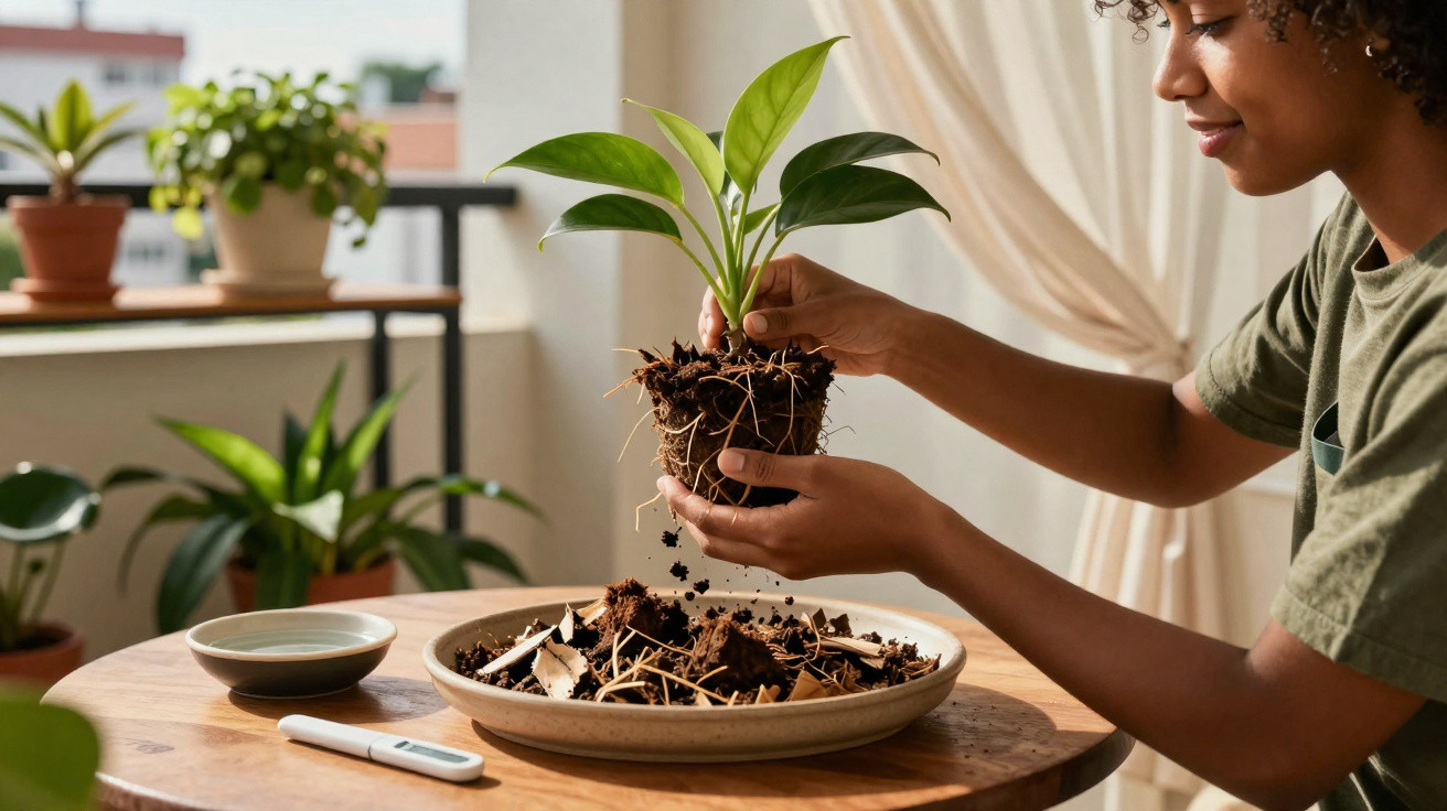Person repotting a small green plant indoors on a wooden table with pots and plants in the background.
