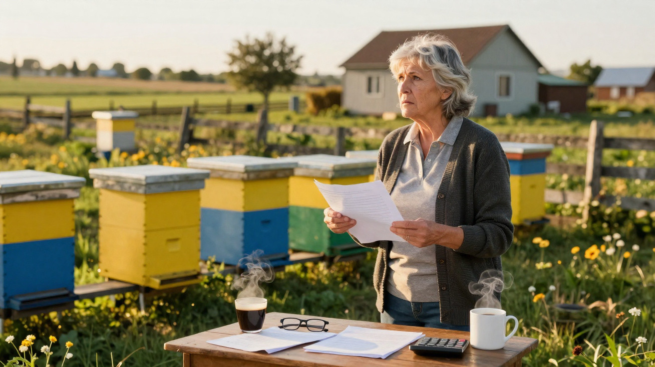 Elderly woman reading papers by beehives in a garden with steaming coffee and documents on a wooden table.