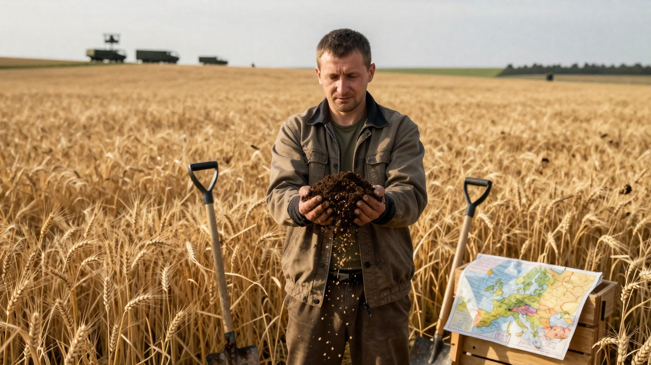 Farmer in wheat field examining soil with shovels and a map of Europe in the background.