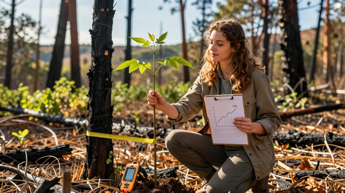 Woman measuring young tree growth in burnt forest holding clipboard with a CO2 graph and tape measure.