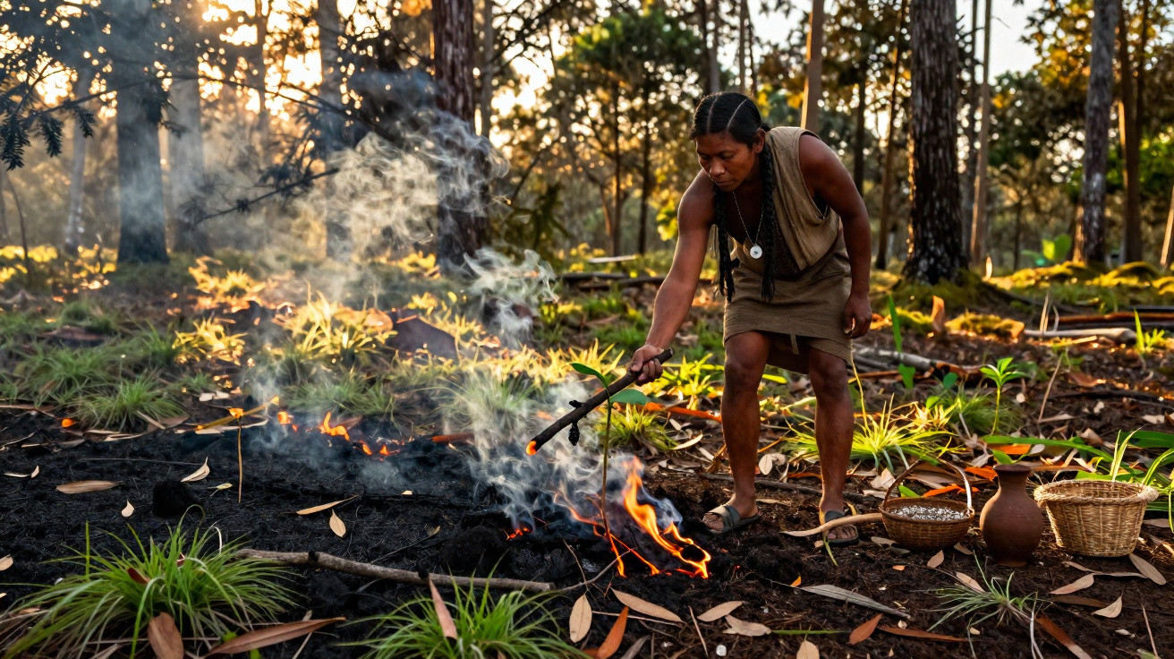 Person tending to a controlled fire in a forest clearing surrounded by greenery and pottery baskets.