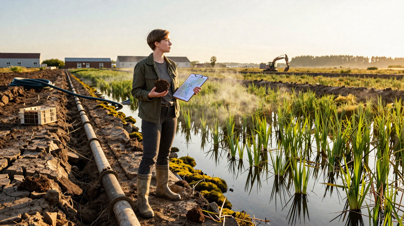 Person holding soil and clipboard standing on muddy farmland near water with plants and machinery at sunset.