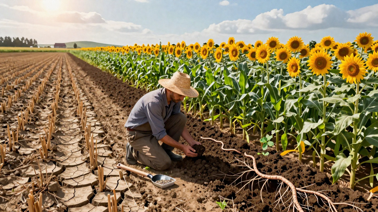 Farmer in a straw hat tending soil next to a healthy sunflower field under a partly cloudy sky.
