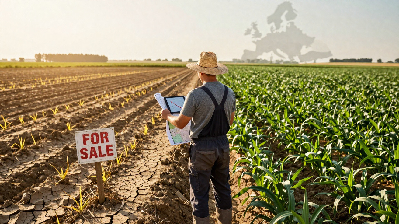 Farmer with tablet standing in dry field next to a "For Sale" sign and healthy crops under bright sunlight.