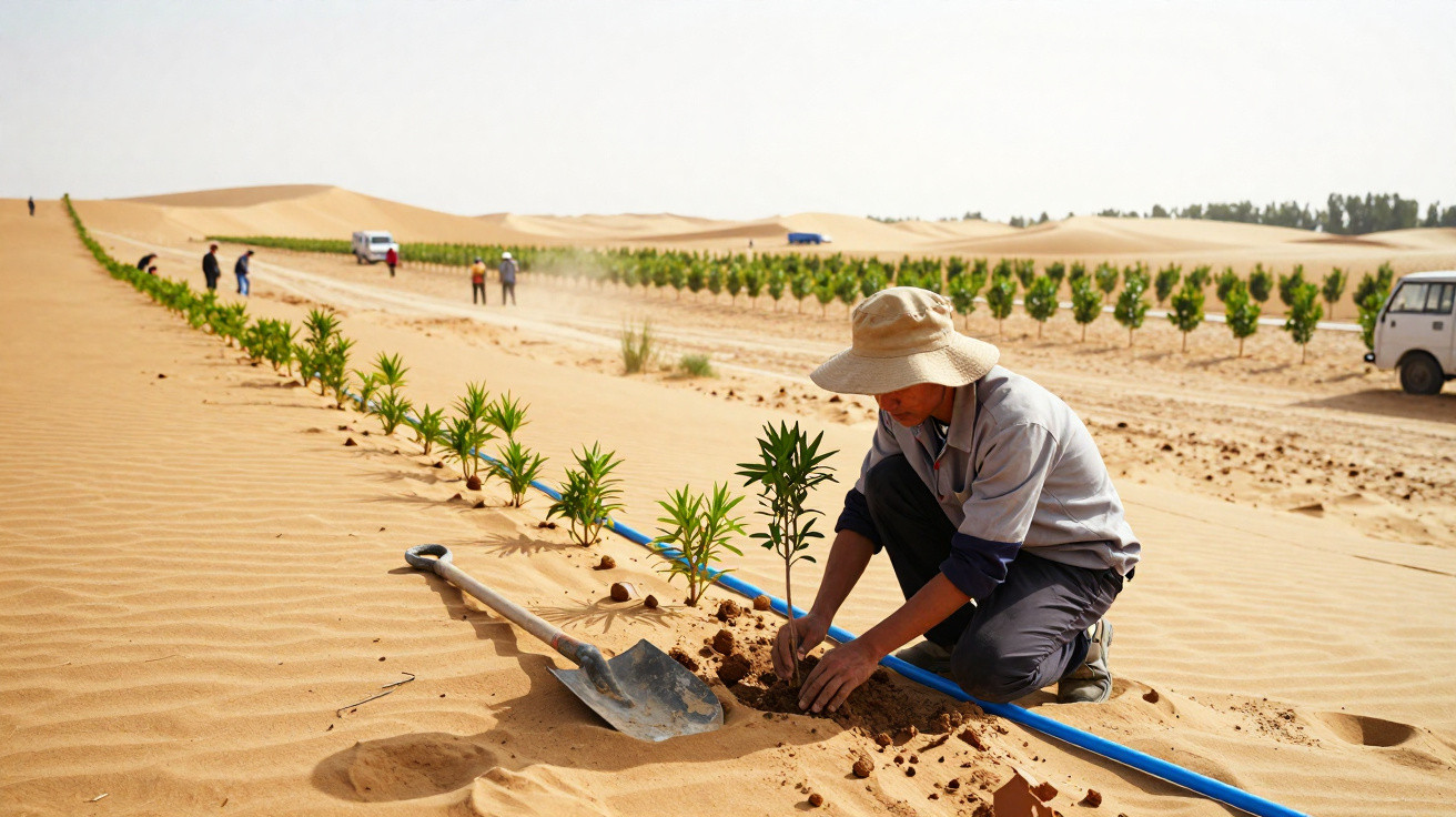 Person planting a young tree in sandy desert soil with rows of trees and vehicles in the background.