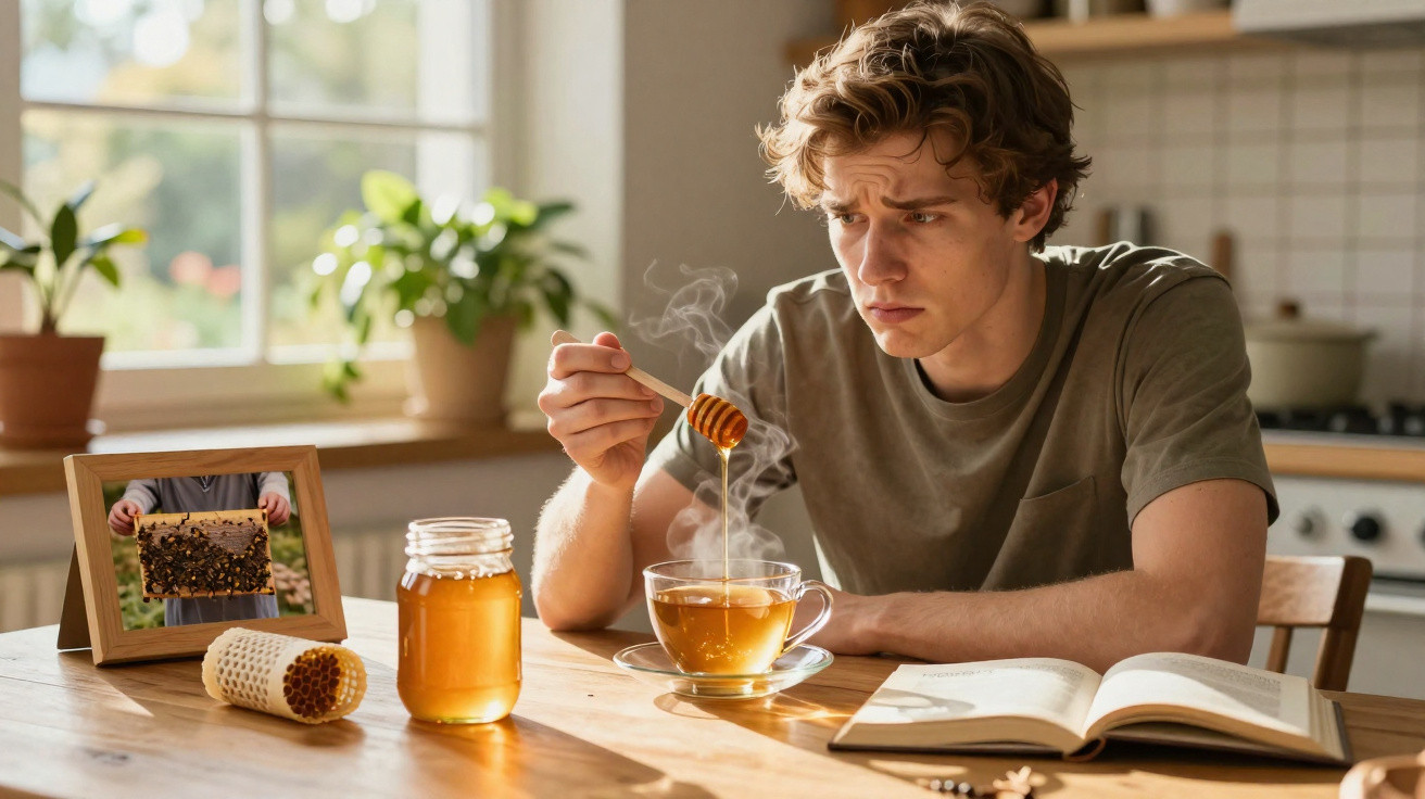 Young man adding honey to a steaming cup of tea at a kitchen table with an open book and honey jar.