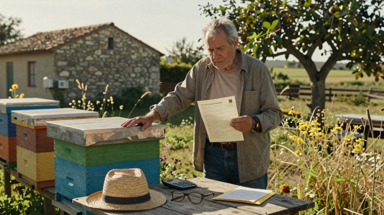 Older man inspecting documents beside colourful beehives in a sunny rural garden with wildflowers and trees.