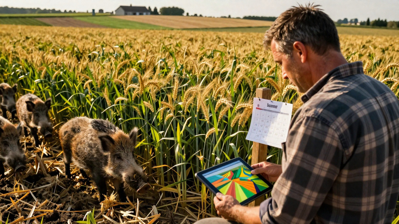 Man using a tablet in a wheat field with young wild boars nearby and a calendar on a wooden post.