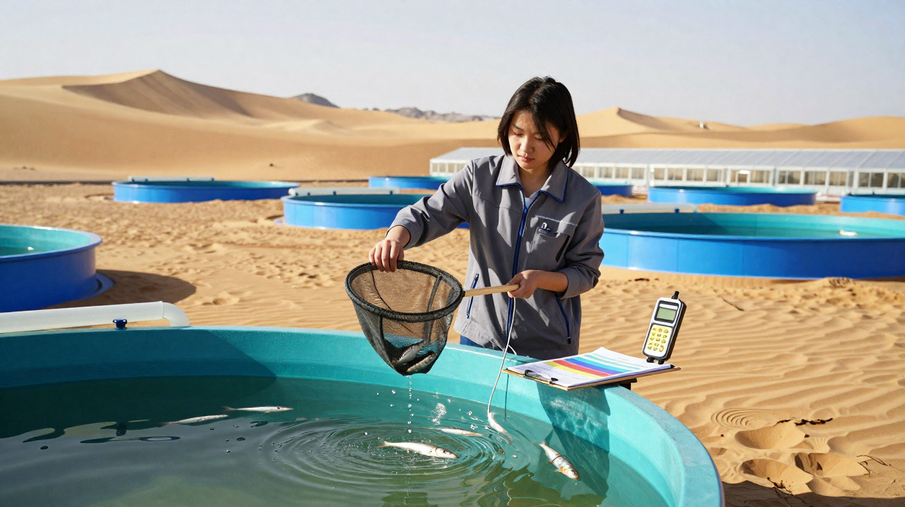 Woman using a net to catch fish from a large blue tank in a desert aquaculture farm.