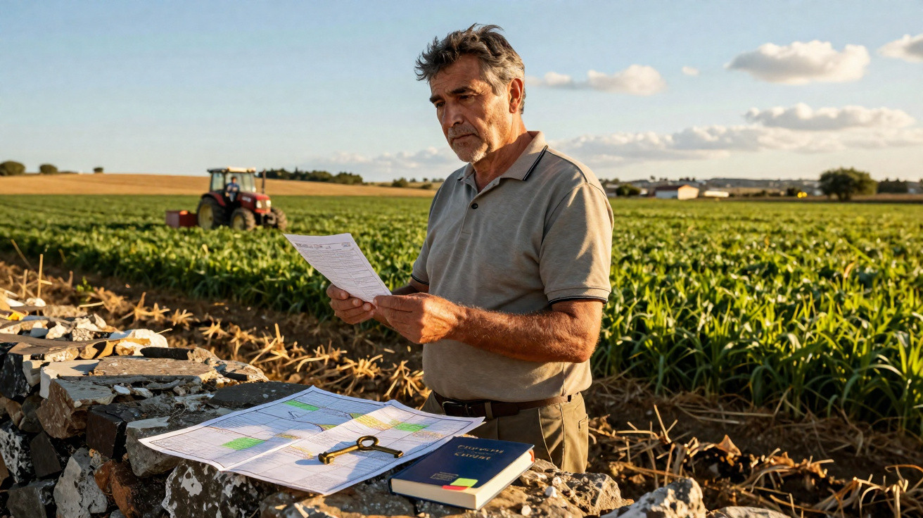 Middle-aged man examining documents by stone wall with farming maps and tractor in green field background.