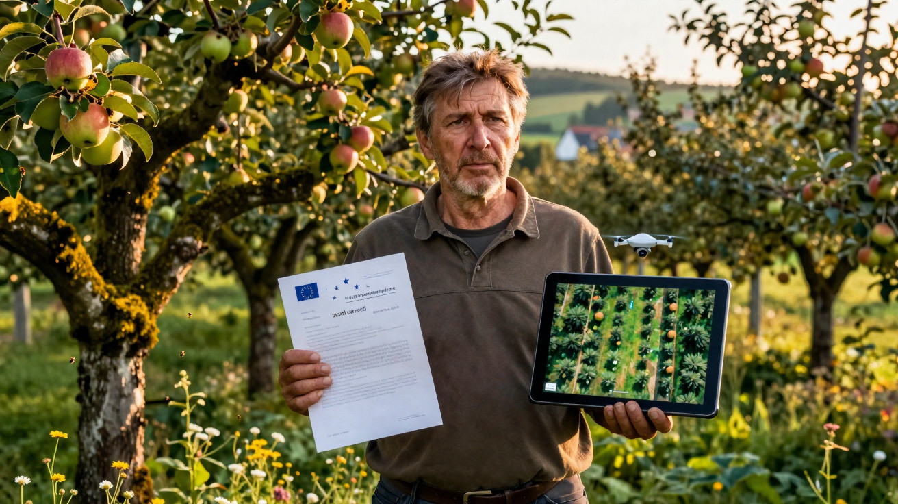 Man in orchard holding a document and a tablet showing aerial images of crop fields with a small drone nearby.