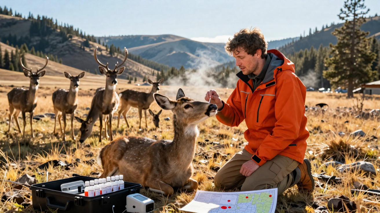 Man in orange jacket kneeling in field feeding a deer with a group of deer in the background and research equipment nearby.