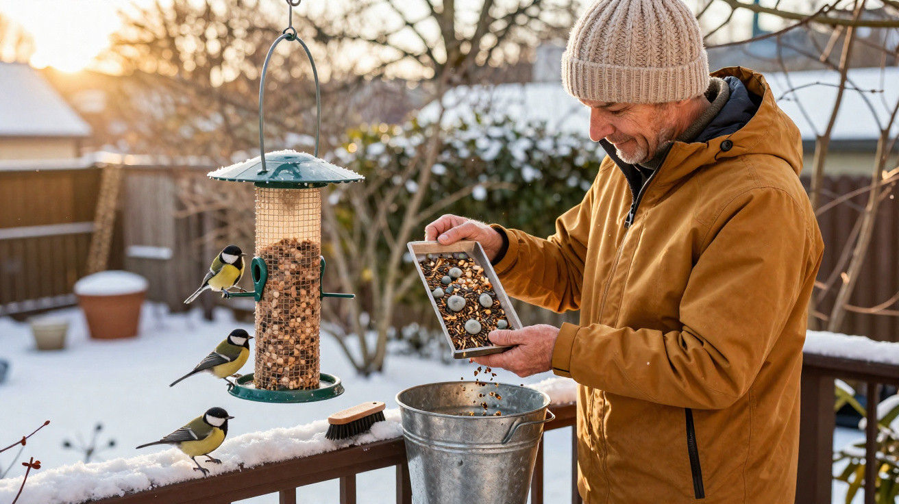 Man in winter clothes filling a bird feeder with seeds on a snowy garden deck at sunset.