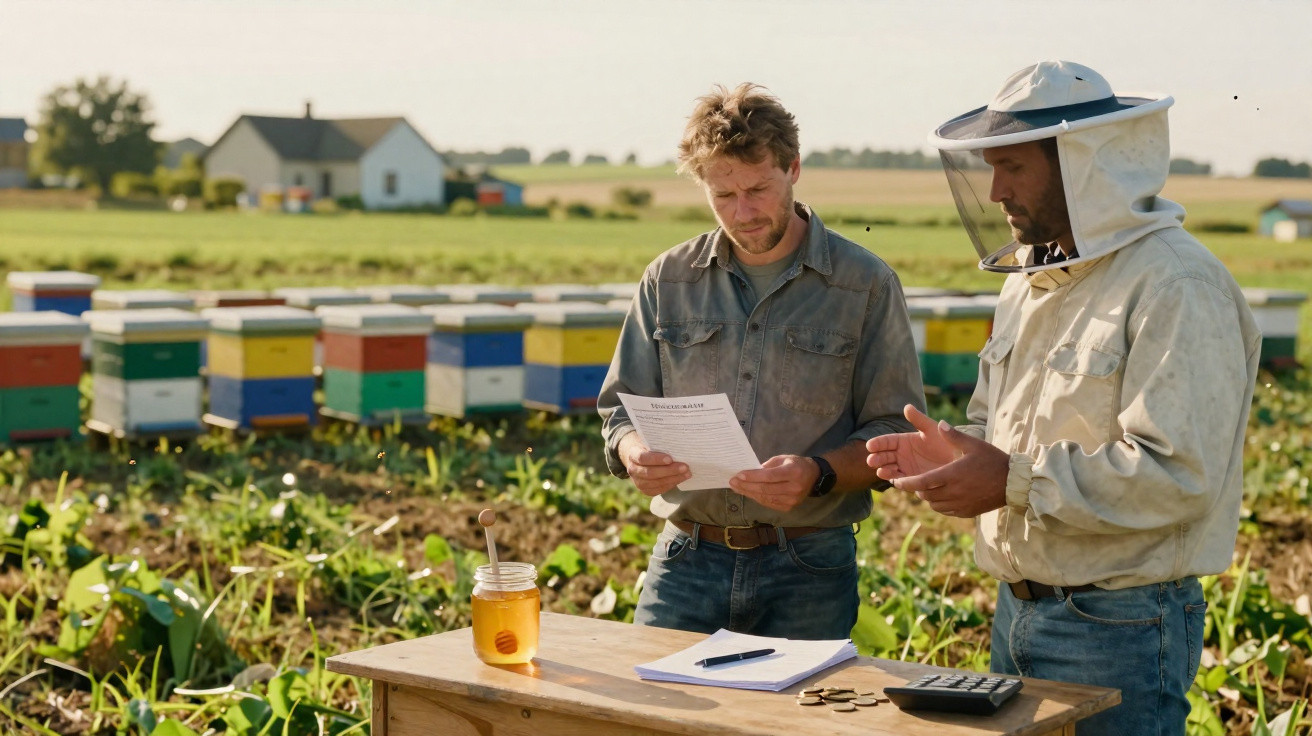 Two beekeepers discussing documents by a wooden table with honey jars and colorful beehives in the background.