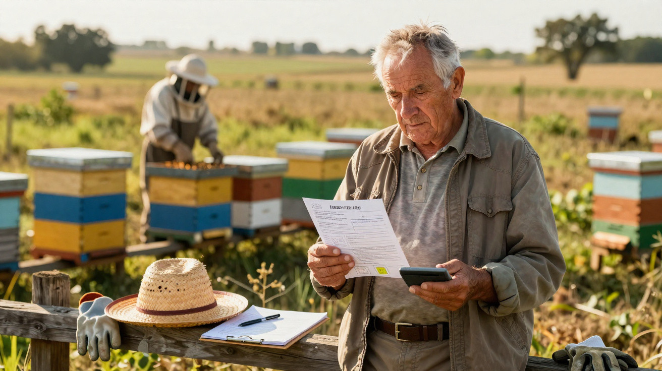 Elderly man holding phone and looking at paperwork near beehives with beekeeper working in background.