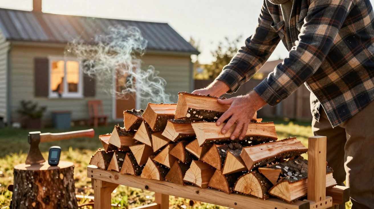 Person stacking freshly chopped firewood on a wooden rack outdoors with smoke rising in the background.