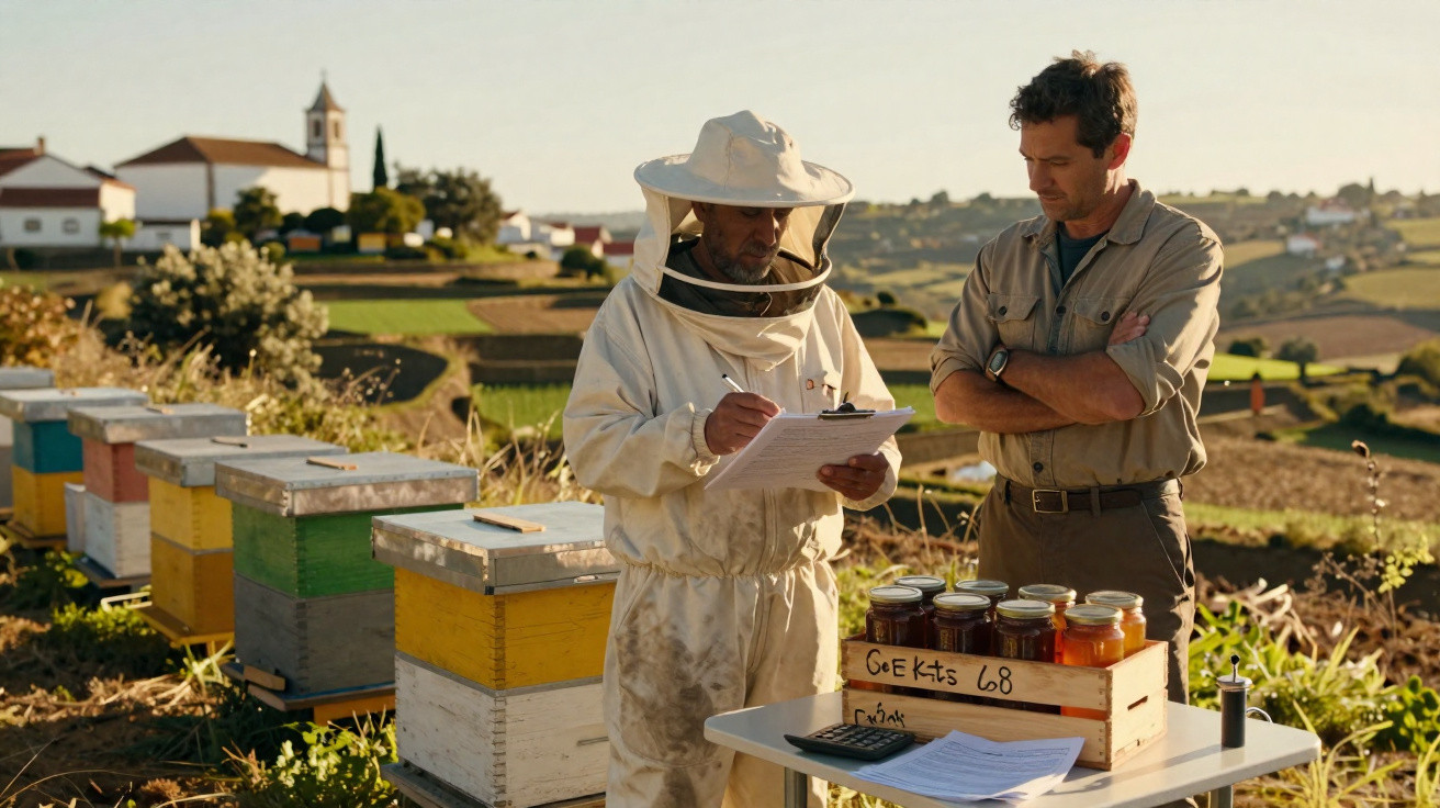 Two men, one in a bee suit, inspecting honey jars next to colourful beehives in a sunny rural landscape.
