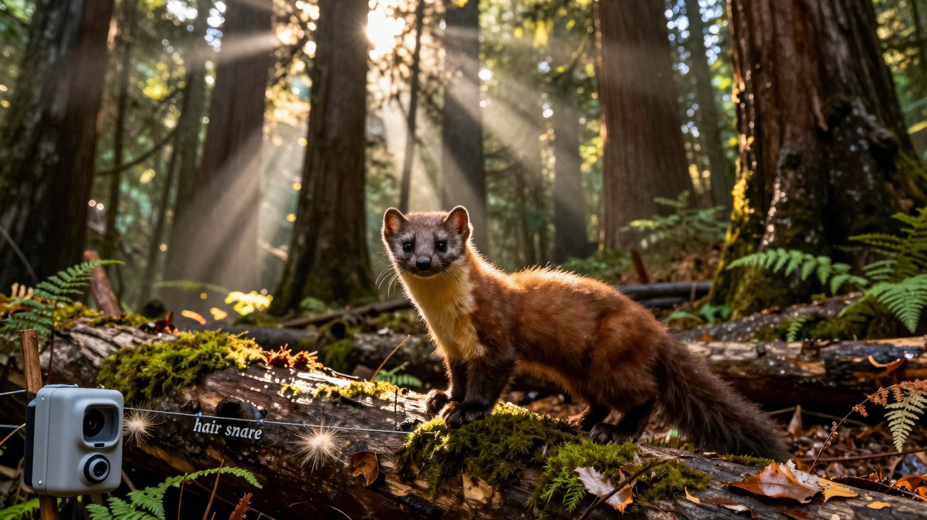 Pine marten on mossy log in a sunlit forest next to a device labelled "hair snare".