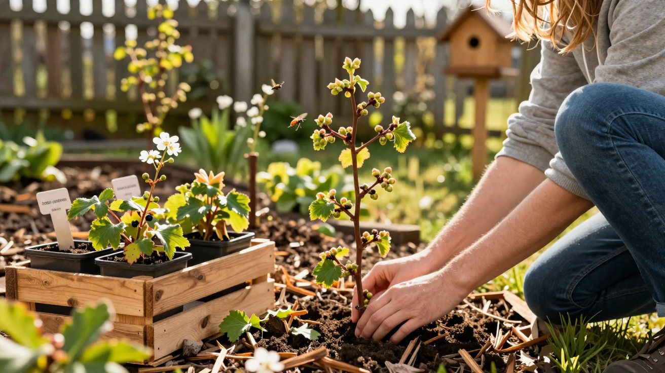 Person planting a young flowering plant in a garden bed with wooden crate of seedlings nearby.