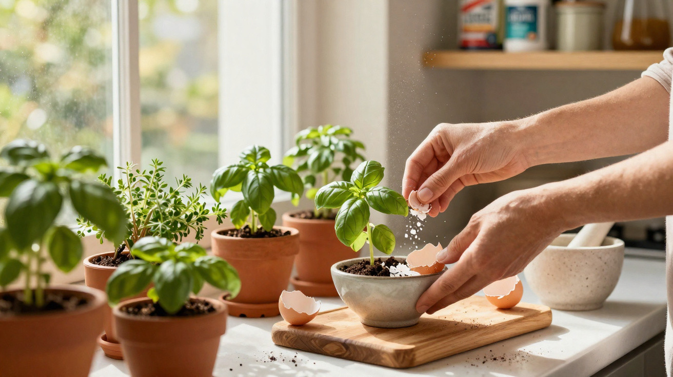 Hands adding crushed eggshells to a bowl with soil, surrounded by potted herb plants on a sunny windowsill.