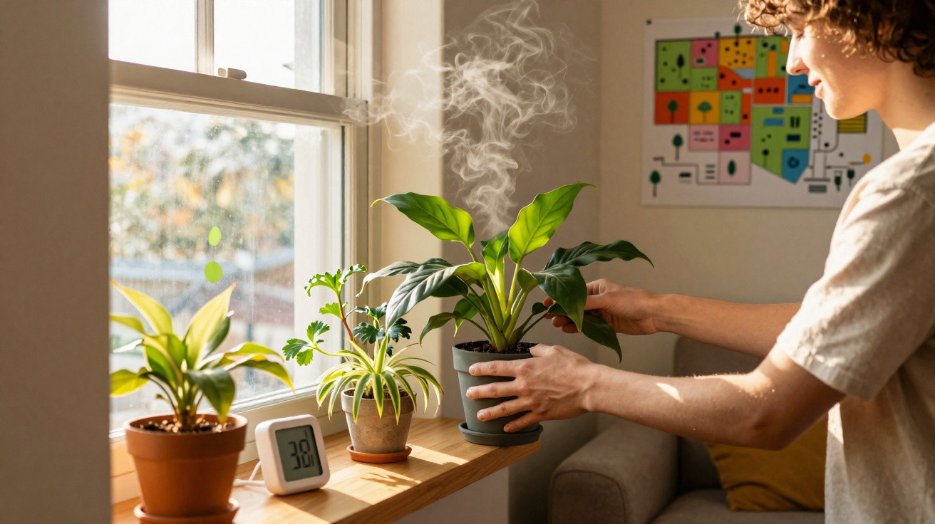 Person misting houseplant leaves on a sunny windowsill with other potted plants and a digital thermometer.