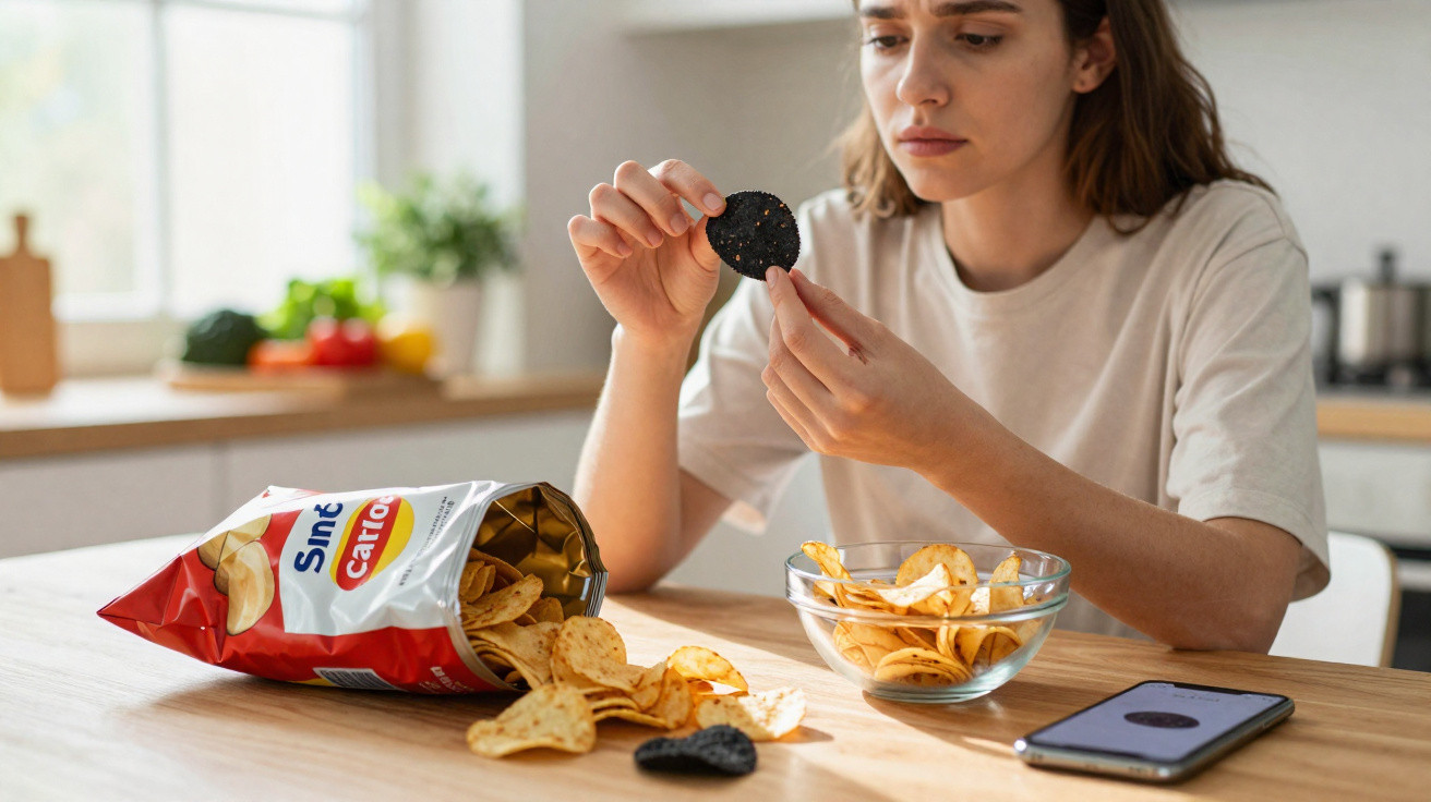 Woman sitting at a table examining a burnt black potato chip from a bag of chips spilled onto the table.