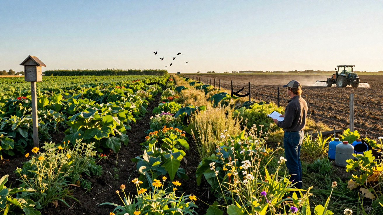 Person standing in a flower field taking notes as a tractor tills soil in the background under a clear sky.